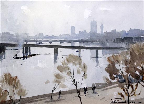 Edward Wesson (1910-1983) Westminster from the Thames 12.5 x 17.5in.